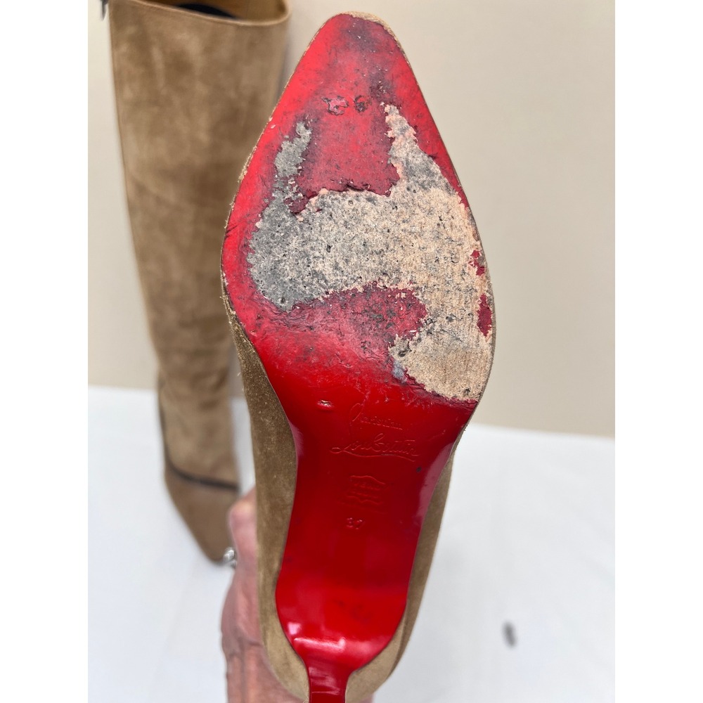 Christian Louboutin Knee High Boots Womens 37 Tan Fair Suede Stiletto Red Sole - Picture 6 of 11